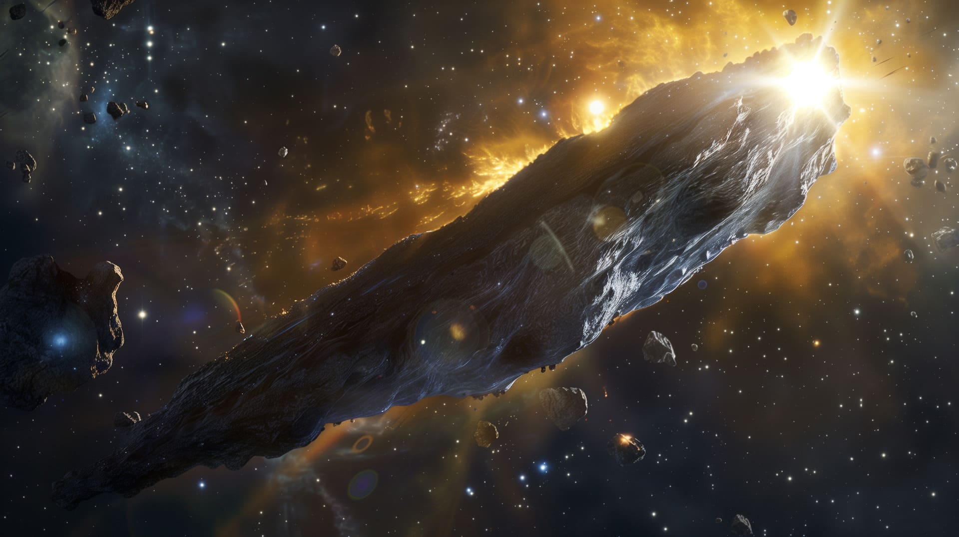 Ilustración de un asteroide ocultando la luz de una estrella, generada con IA mediante Midjourney