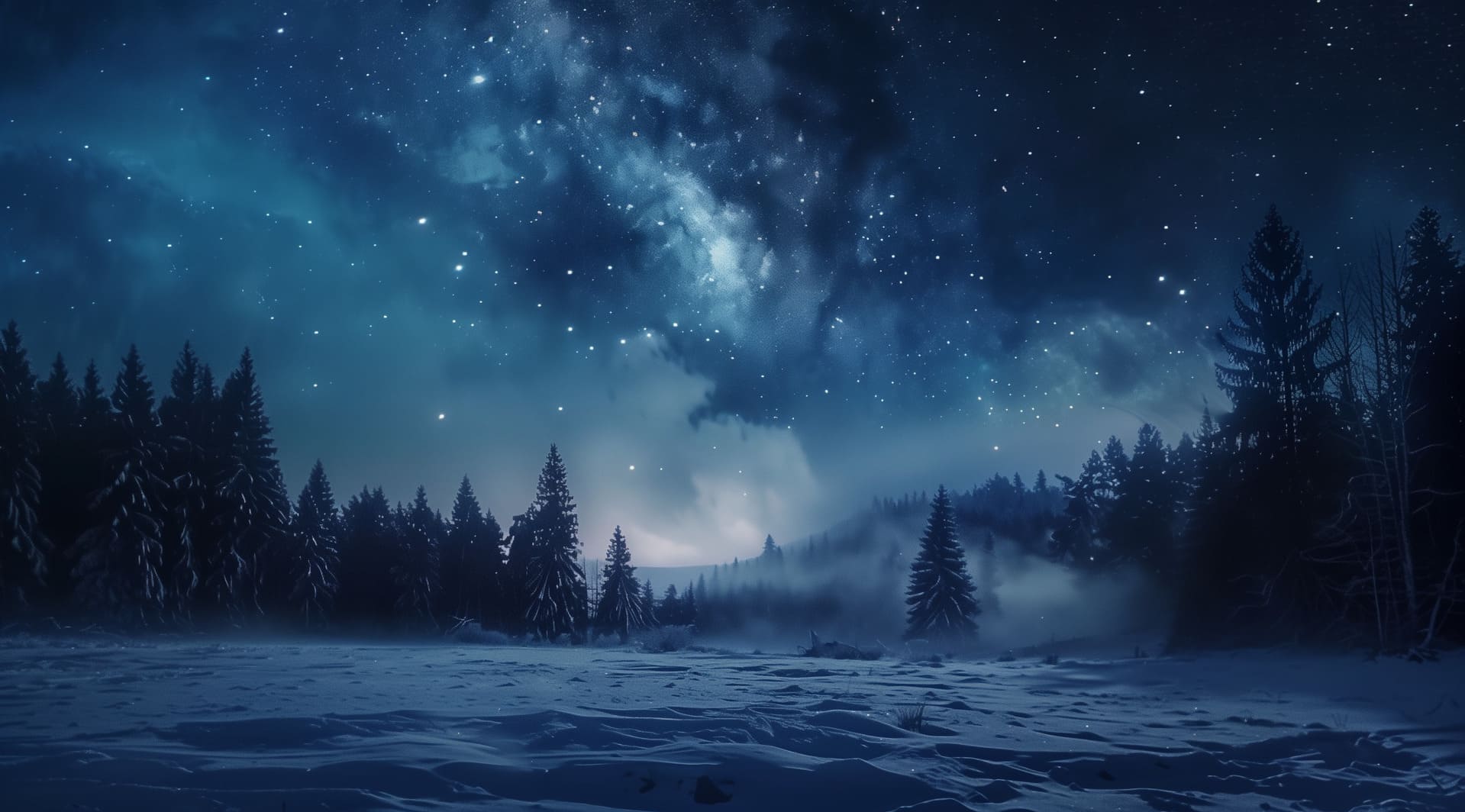 Ilustración de un paisaje nocturno de invierno, generada con IA mediante Midjourney