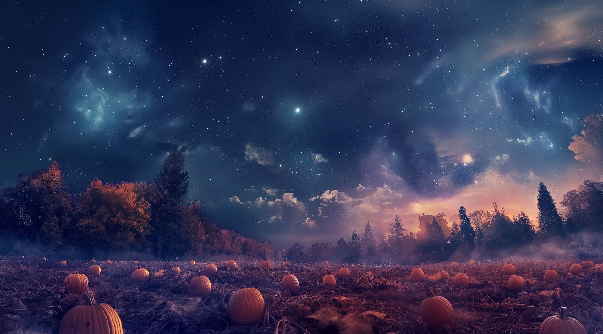 Ilustración de un paisaje nocturno de otoño, generada con IA mediante Midjourney