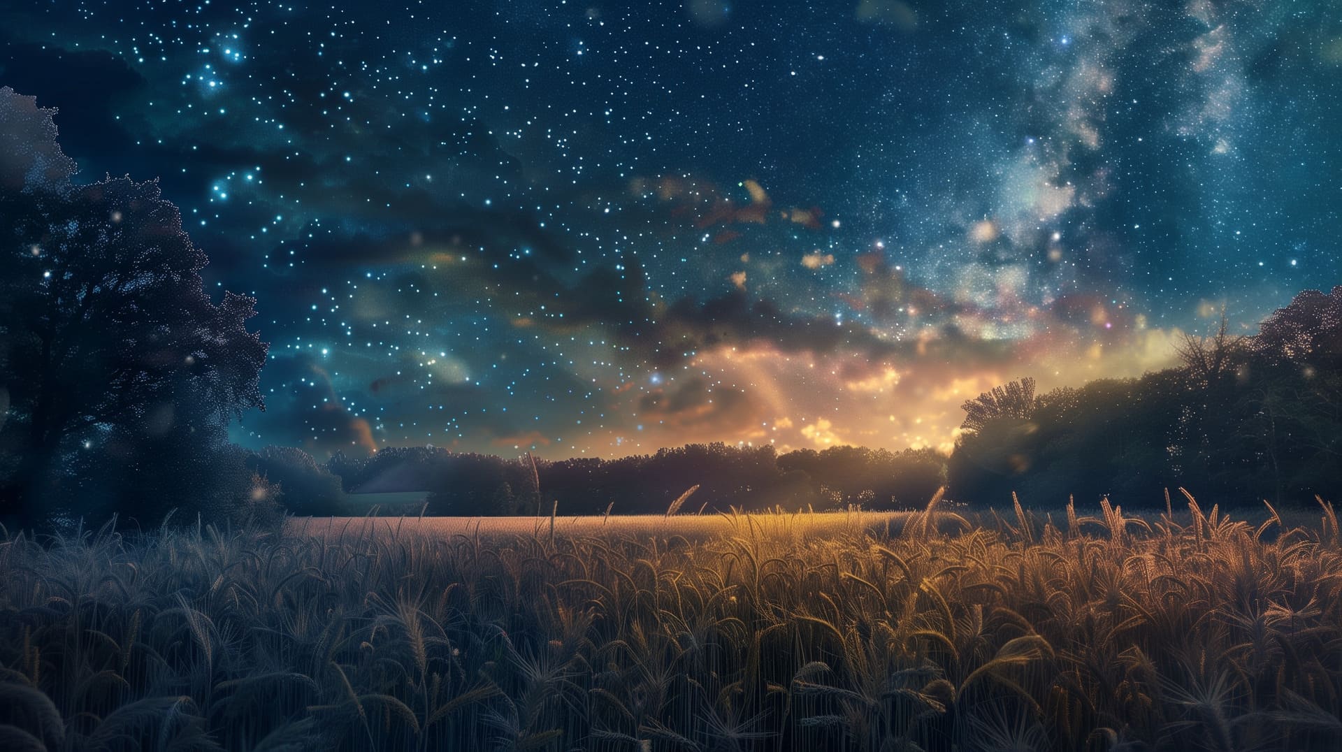 Ilustración de un paisaje nocturno de verano, generada con IA mediante Midjourney