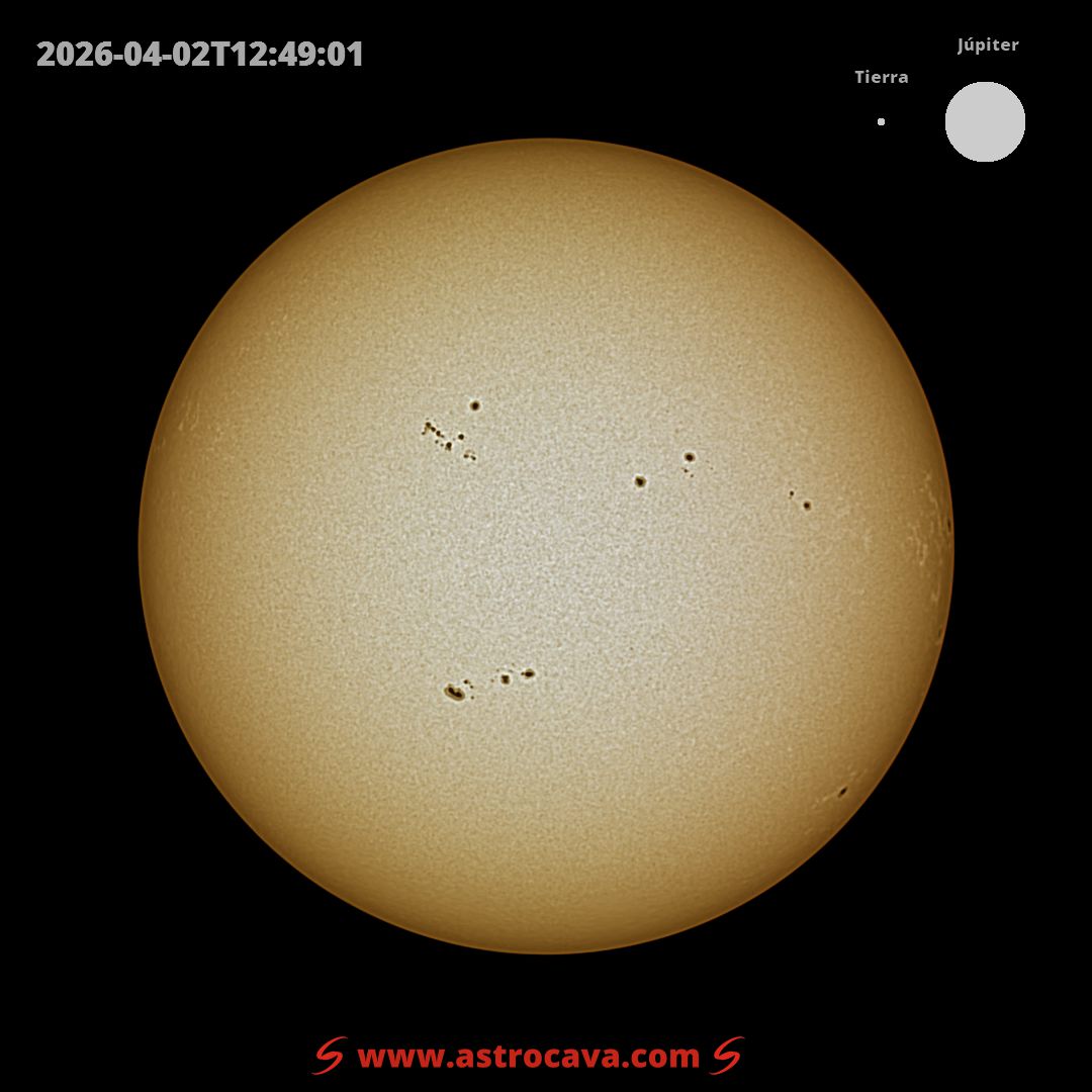 Disco solar completo del 2 de abril de 2026 con manchas solares y comparación de tamaño con la Tierra y Júpiter
