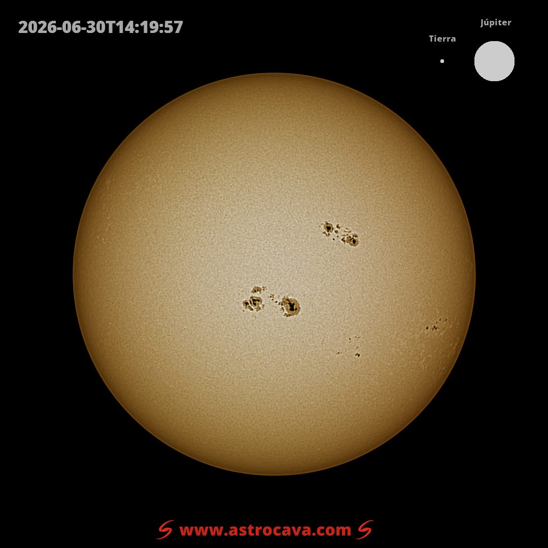 Disco solar completo del 30 de junio de 2026 con manchas solares y comparación de tamaño con la Tierra y Júpiter