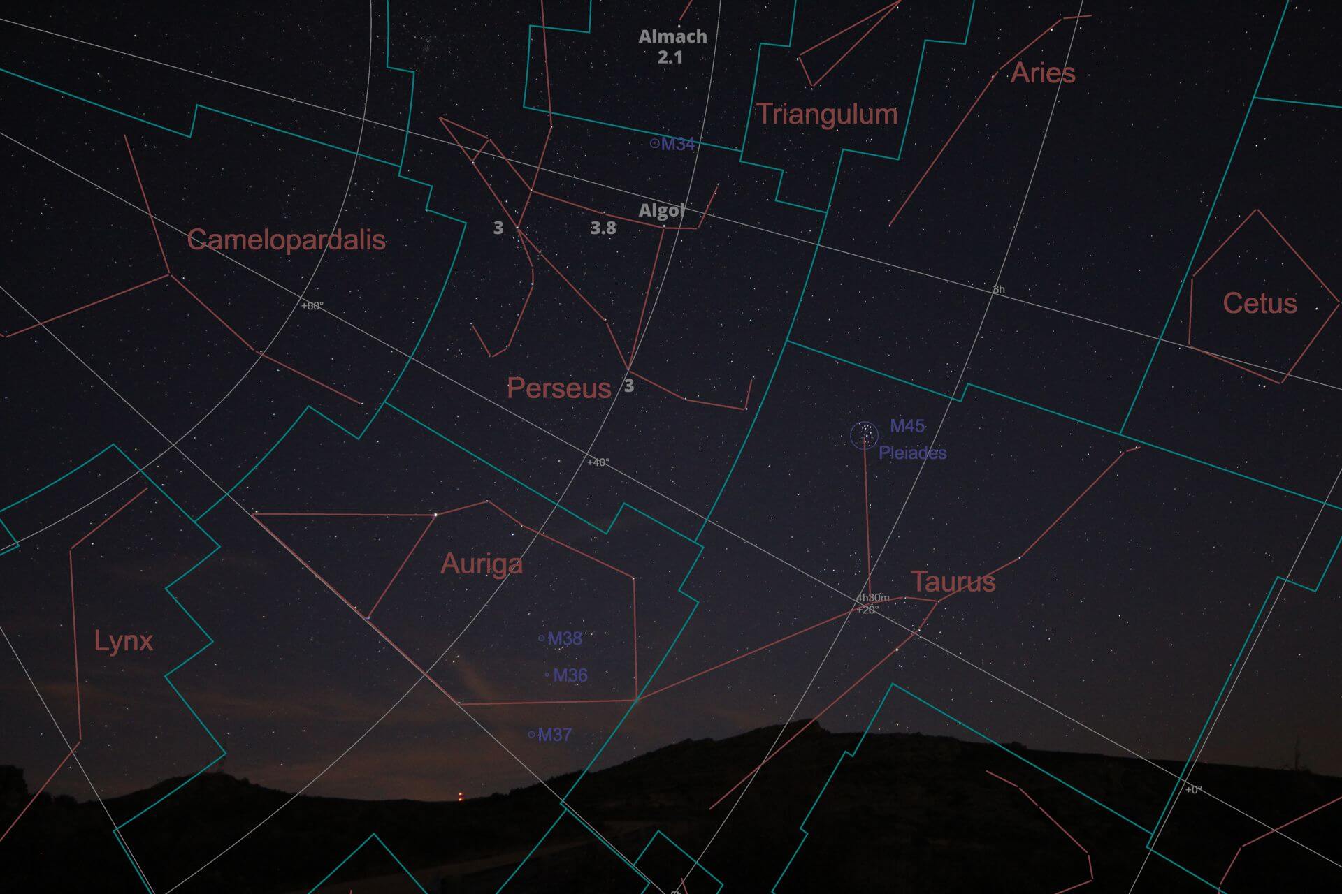 Perseo y constelaciones vecinas anotadas