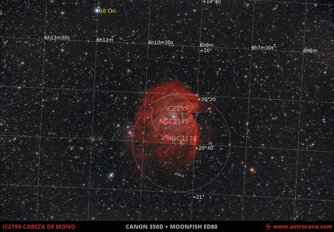 La Nebulosa cabeza de Mono (IC2159) en Orión. Versión anotada.